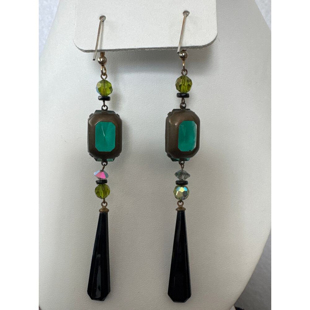 1990s–2000s Teal Glass & Onyx-Style Drop Earrings - Picture 8 of 11